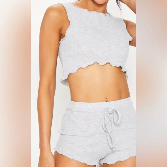 Grey Ribbed Frill Edge Short PJ Set🩶 - Picture 3 of 7